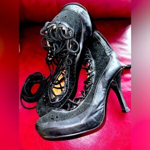 L-Fire EVERDEND almond toe BOHO FAIRY GYPSY Leather Lace up CORSET Boots size 40